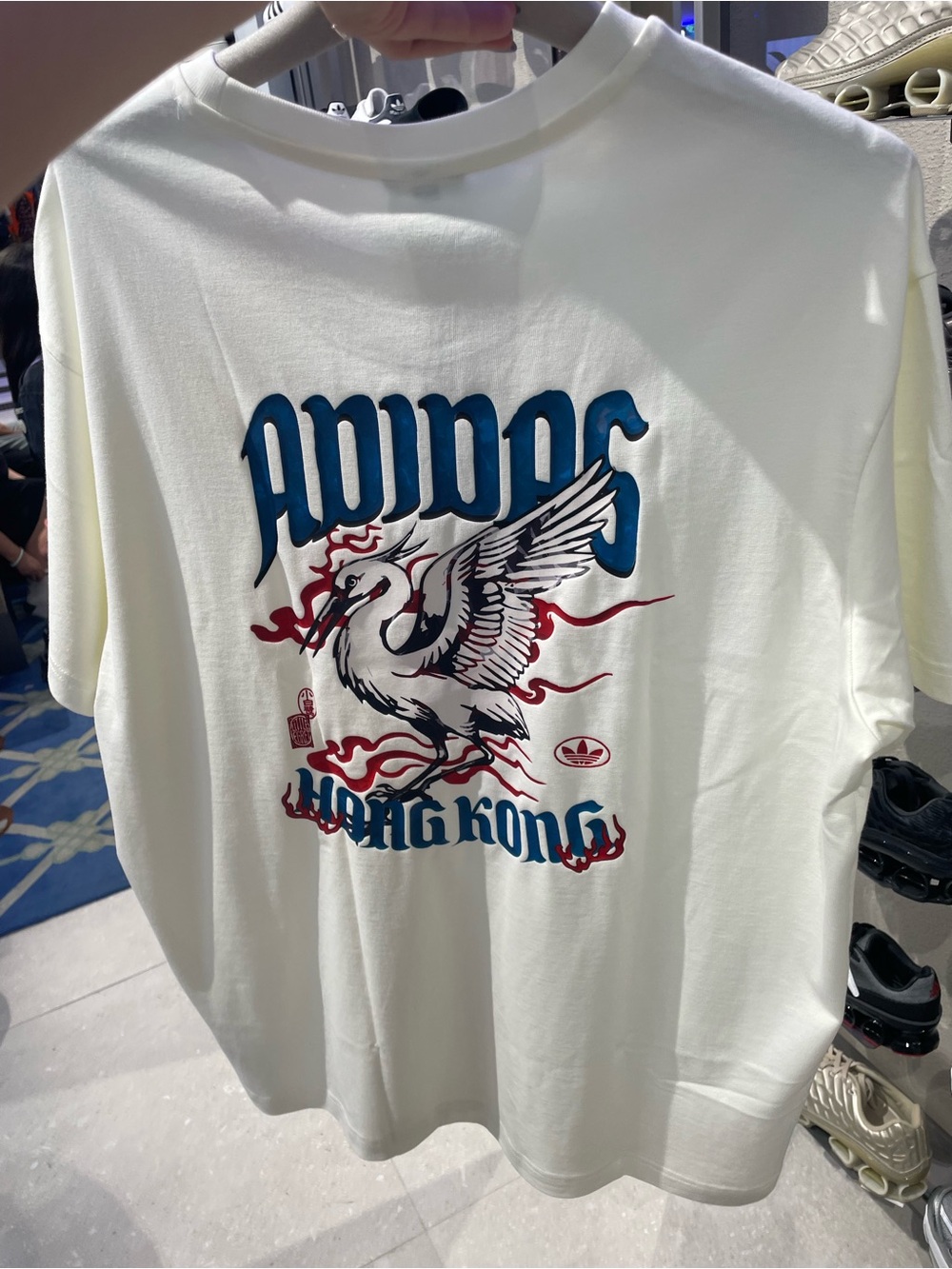 adidas Hong Kong exclusive White Graphic Tee with Blue Logo and Red Crane